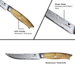 WOLFCUT - Damaskus Steakmesser-Set 4-tlg. 73-lagiger Damaszenerstahl mit Olivenholzgriff und Holzständer